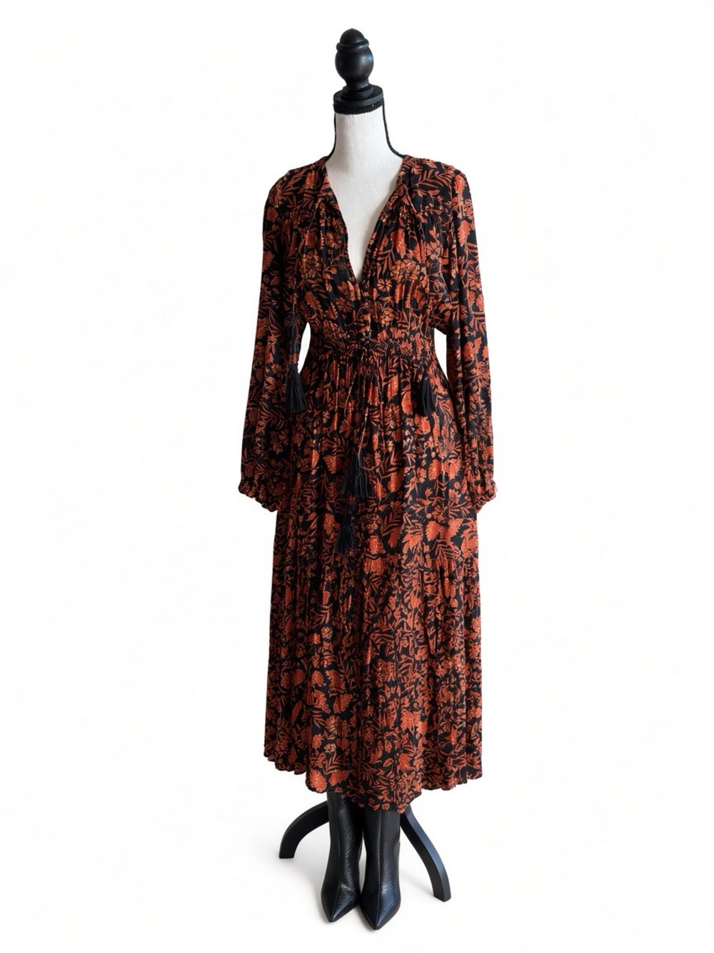 Elan Rust and Black Floral Long-Sleeve Maxi Dress Small